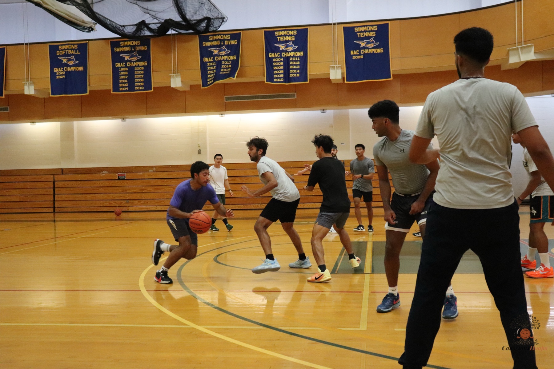 A full-court five-on-five possession during the session